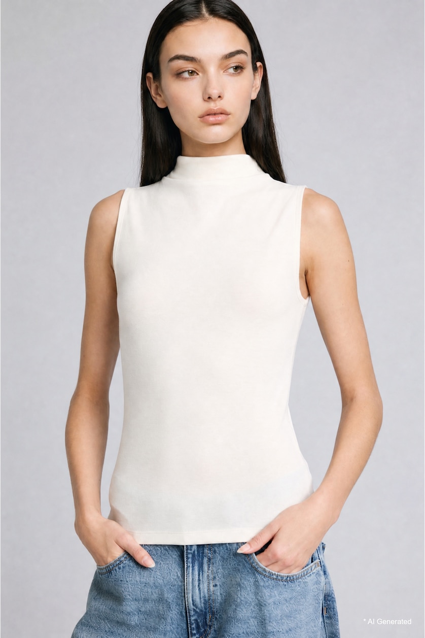 Woman Ecru Slim Fit Ribbed Half High Neck Tank Top