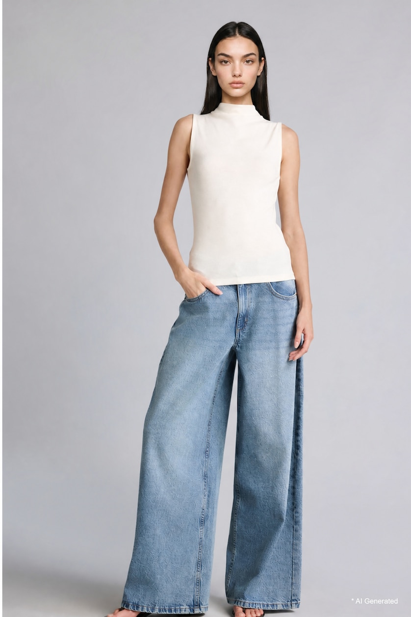 Woman Ecru Slim Fit Ribbed Half High Neck Tank Top