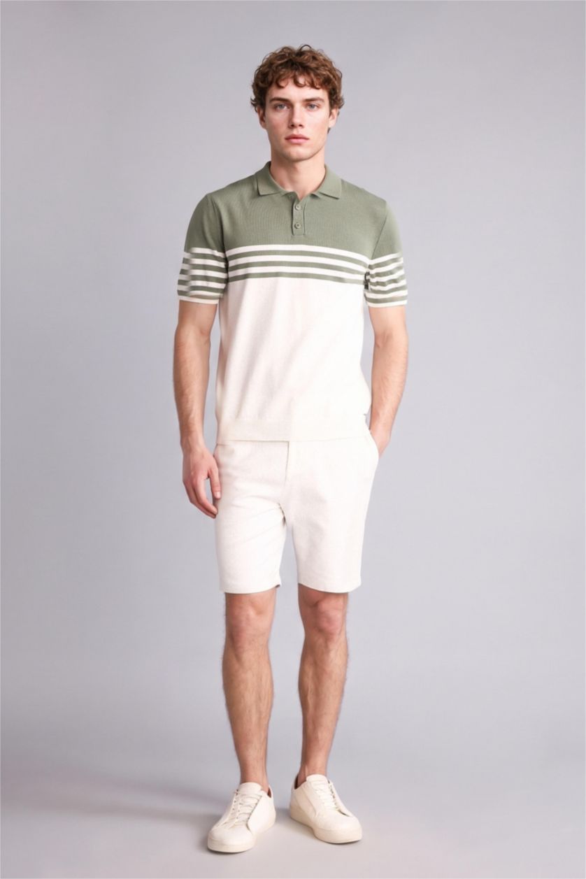Erkek Haki Standart Fit Kısa kollu Çizgili Polo Tişört