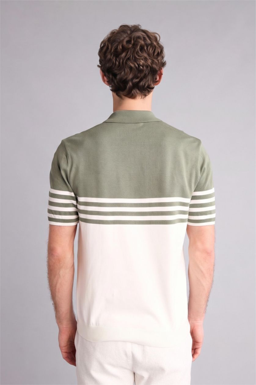Men Khaki Standard Fit Polo Collar Striped Short Sleeve Polo T-Shirt