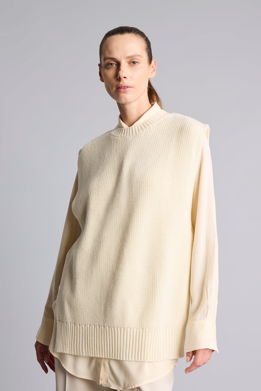 WOMAN Beige Regular Fit Crew Neck Knit Vest