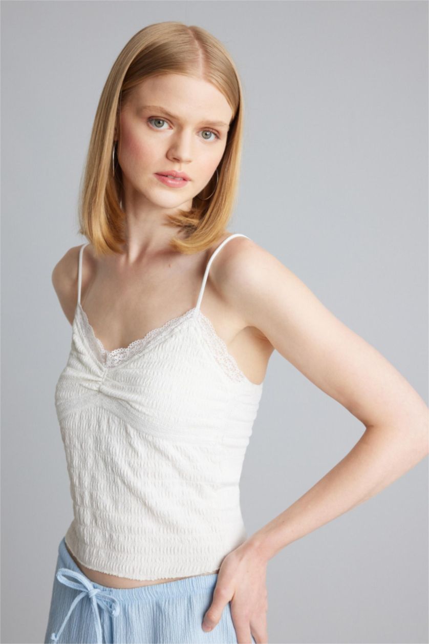 Women Ecru A Line Lace Lace Neck Tank Top