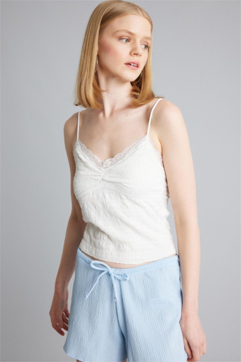 Women Ecru A Line Lace Lace Neck Tank Top