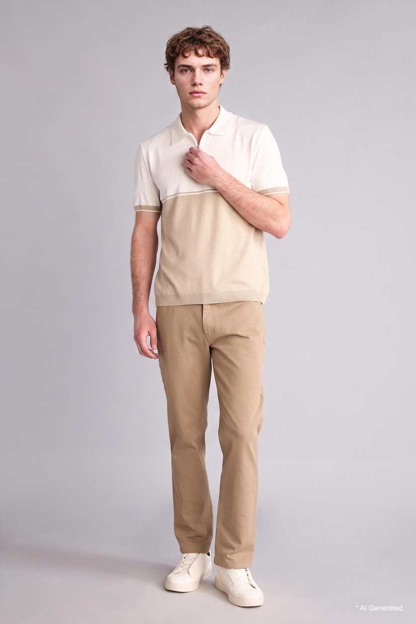 رجال اللون الرملي Standard Fit Polo Collar Short Sleeve Polo T-Shirt