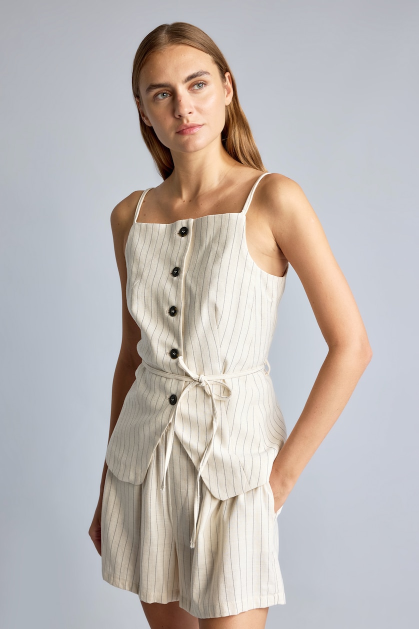 Women Doğal Açık Bej Suspender Linen Vest