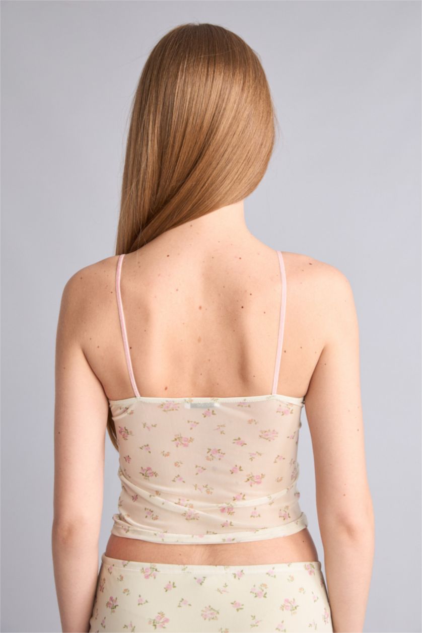 Kadın Ekru Fitted Tül Çiçek desenli Atlet