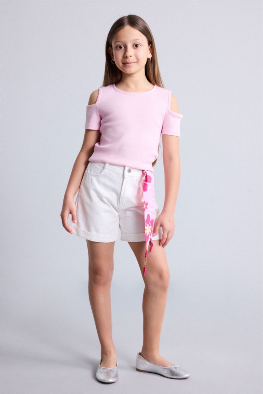 Kız Çocuk - Genç Kız Ekru Mom Fit Gabardin Şort Kız Çocuk