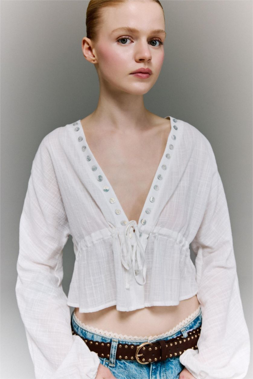 Kadın Ekru Regular Fıt Uzun Kollu Bluz