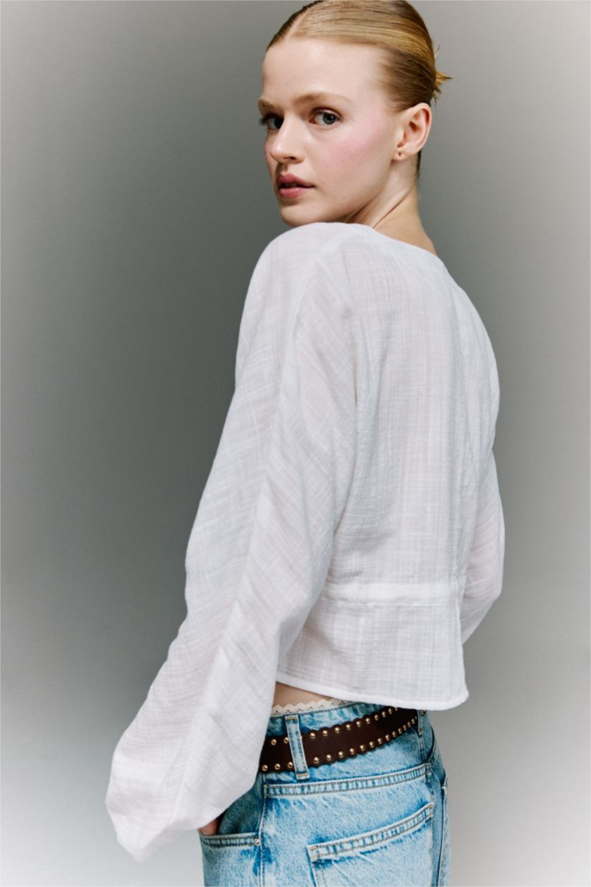 Kadın Ekru Regular Fıt Uzun Kollu Bluz