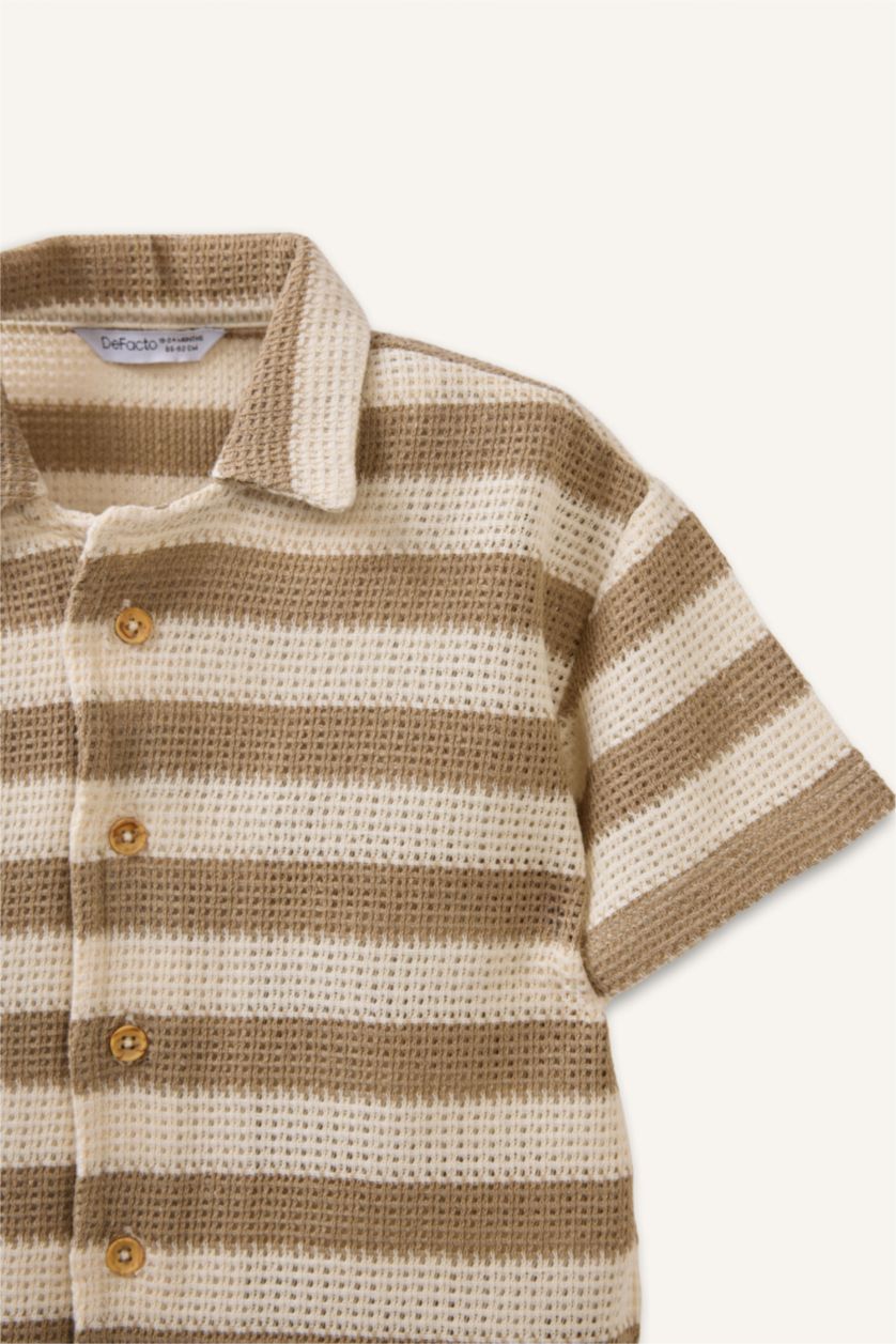 Erkek Bebek Bej Regular Fıt Jakarlı Kısa Kollu Polo Tişört Erkek Bebek