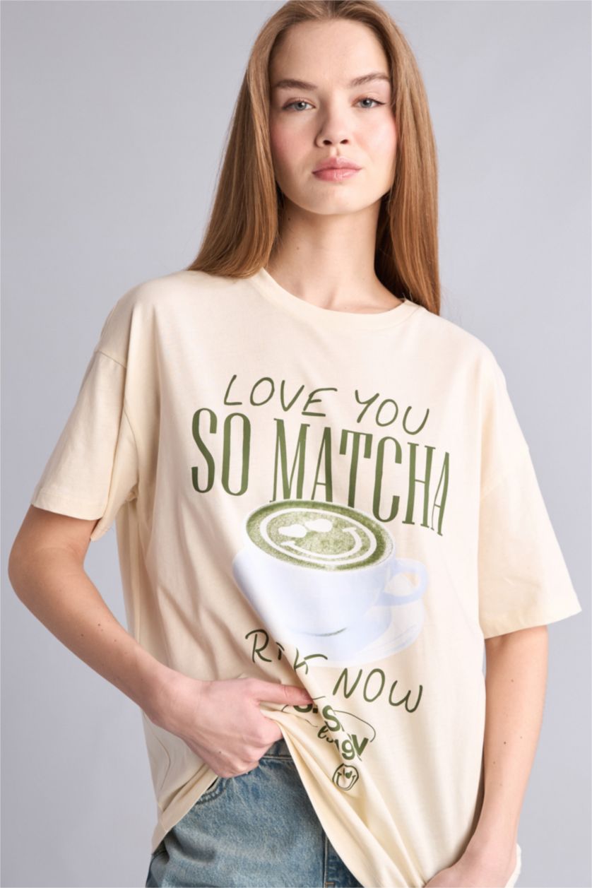 Kadın Ekru Baskılı Oversize Kız Çocuk Tişört