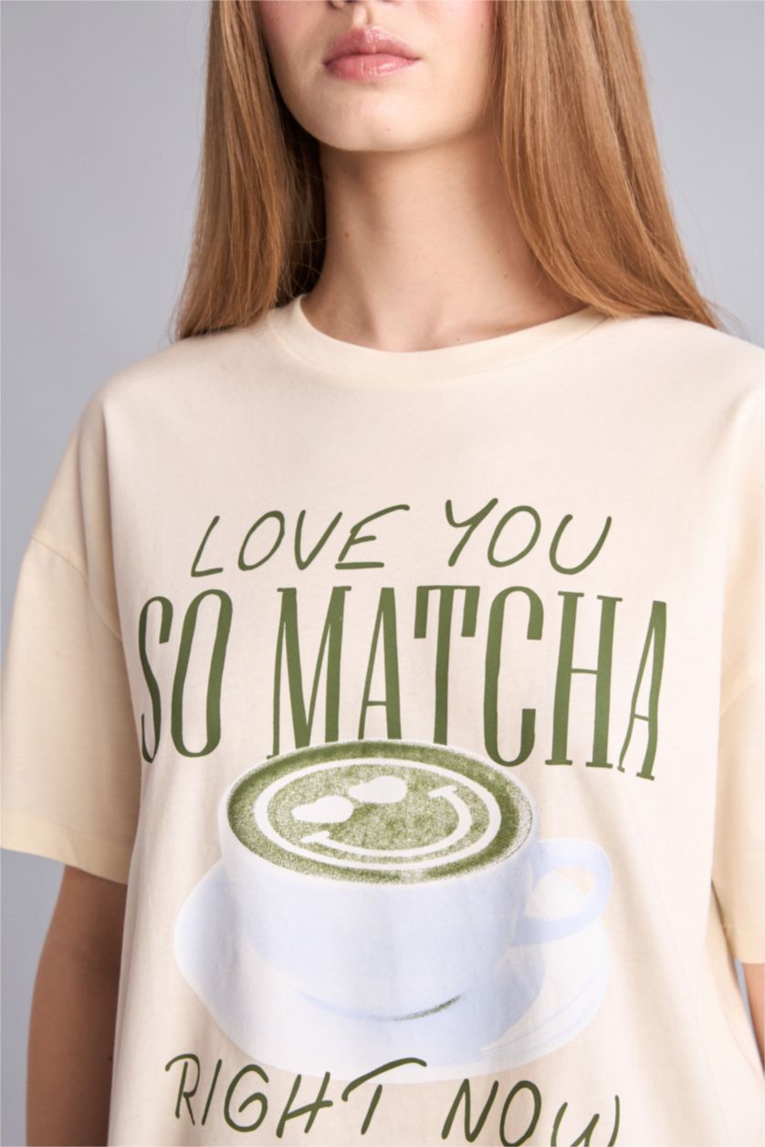 Kadın Ekru Baskılı Oversize Kız Çocuk Tişört