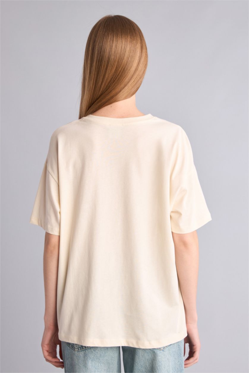 Kadın Ekru Baskılı Oversize Kız Çocuk Tişört