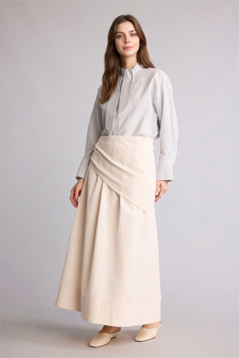 Kadın Bej Keten Karışımlı Maxi Etek
