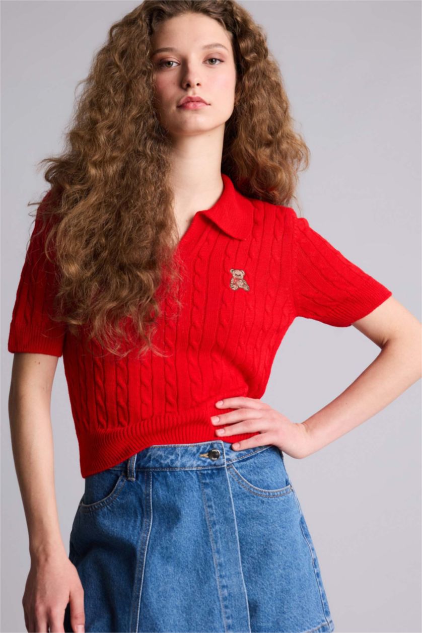 Kadın Kırmızı Slim Fit Ayıcıklı Kazak