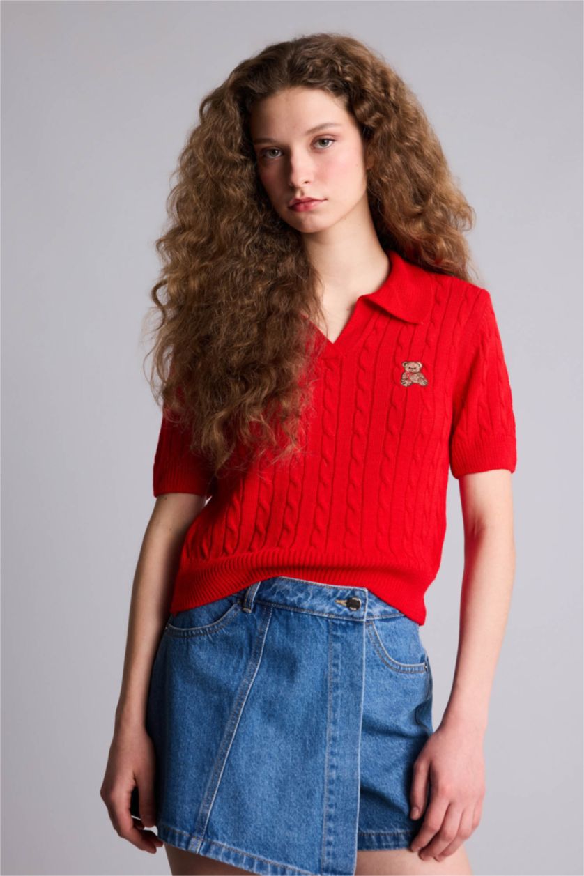 Kadın Kırmızı Slim Fit Ayıcıklı Kazak