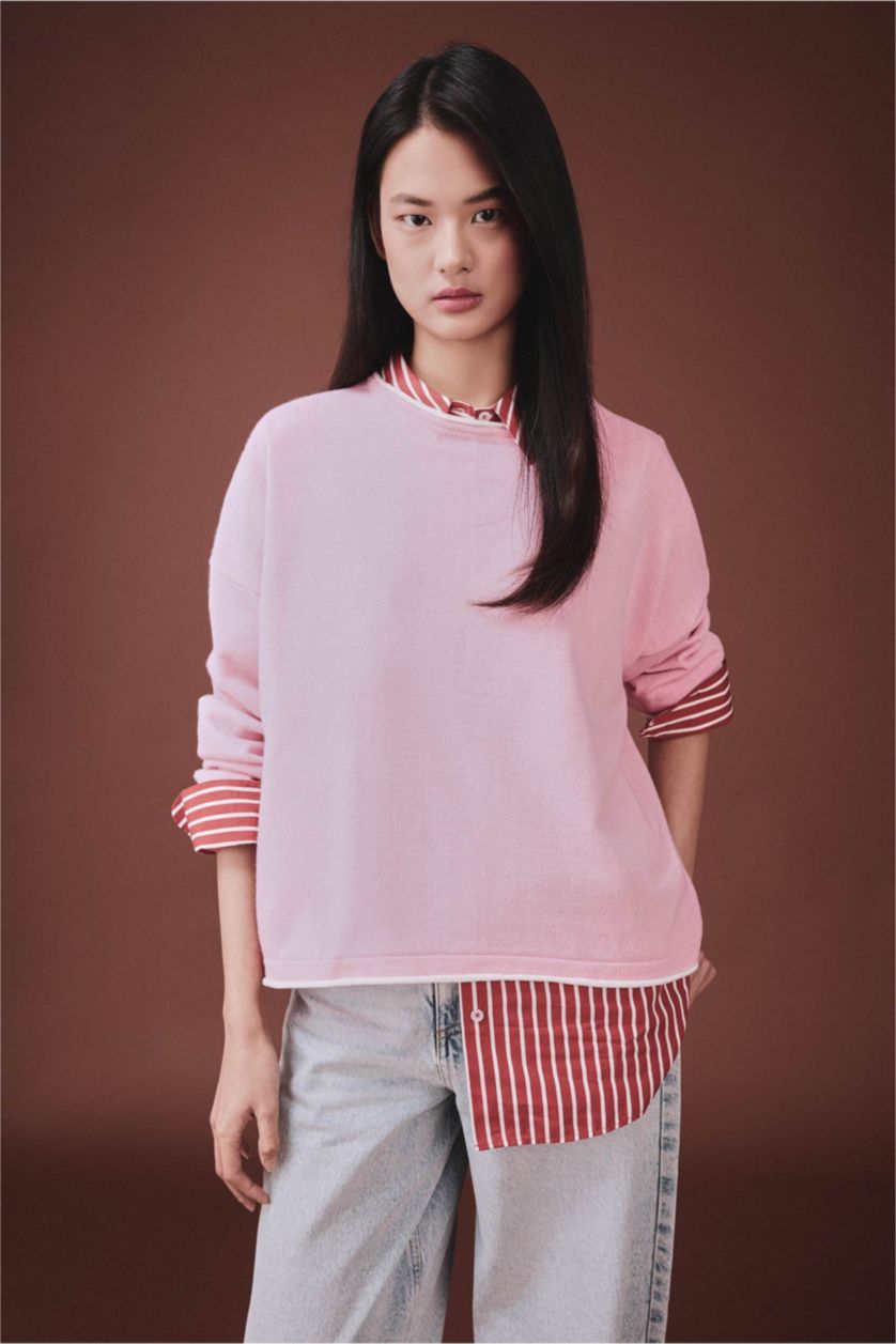 Kadın Pembe Melanj Basıc Triko Kazak