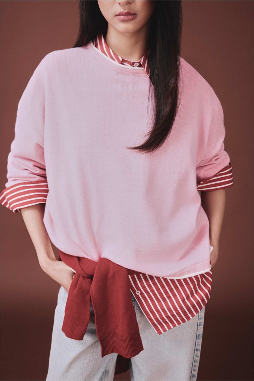 Kadın Pembe Melanj Basıc Triko Kazak