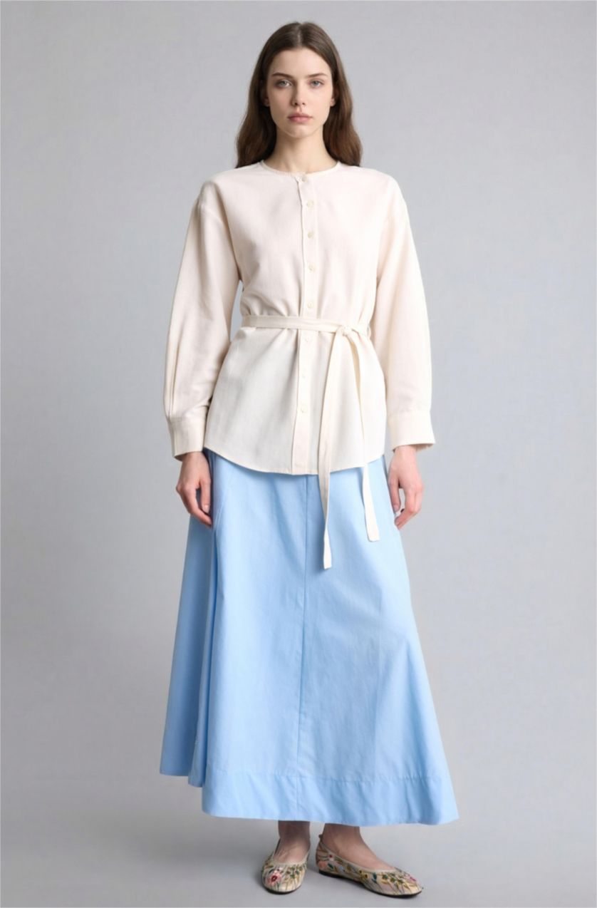 Kadın Bej Regular Fit Uzun kollu Keten Karışımlı Tunik