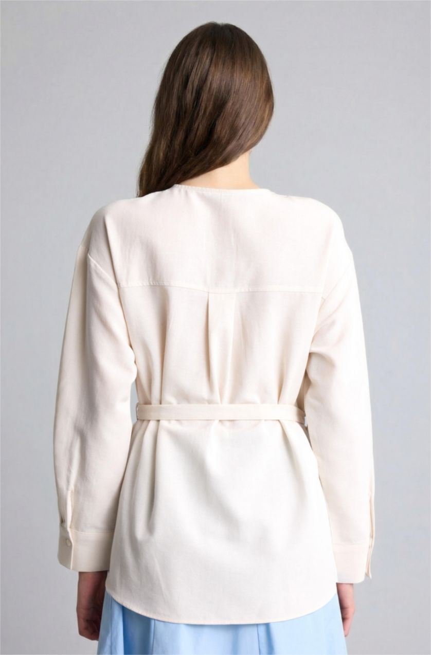 Kadın Bej Regular Fit Uzun kollu Keten Karışımlı Tunik