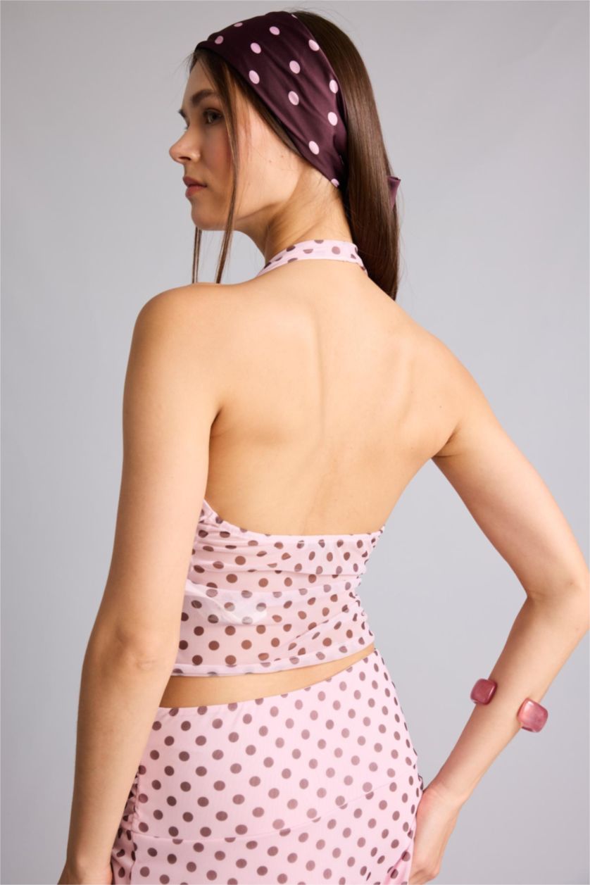 Woman Pink Fitted Polka Dot Halter Neck Tulle Pink Blouse