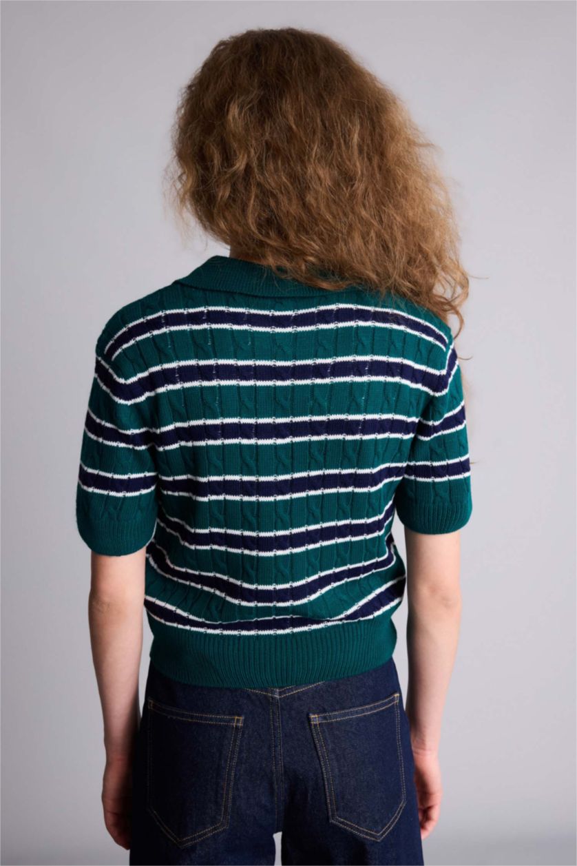 Kadın Yeşil Slim Fıt Ayıcıklı Çizgili Kazak