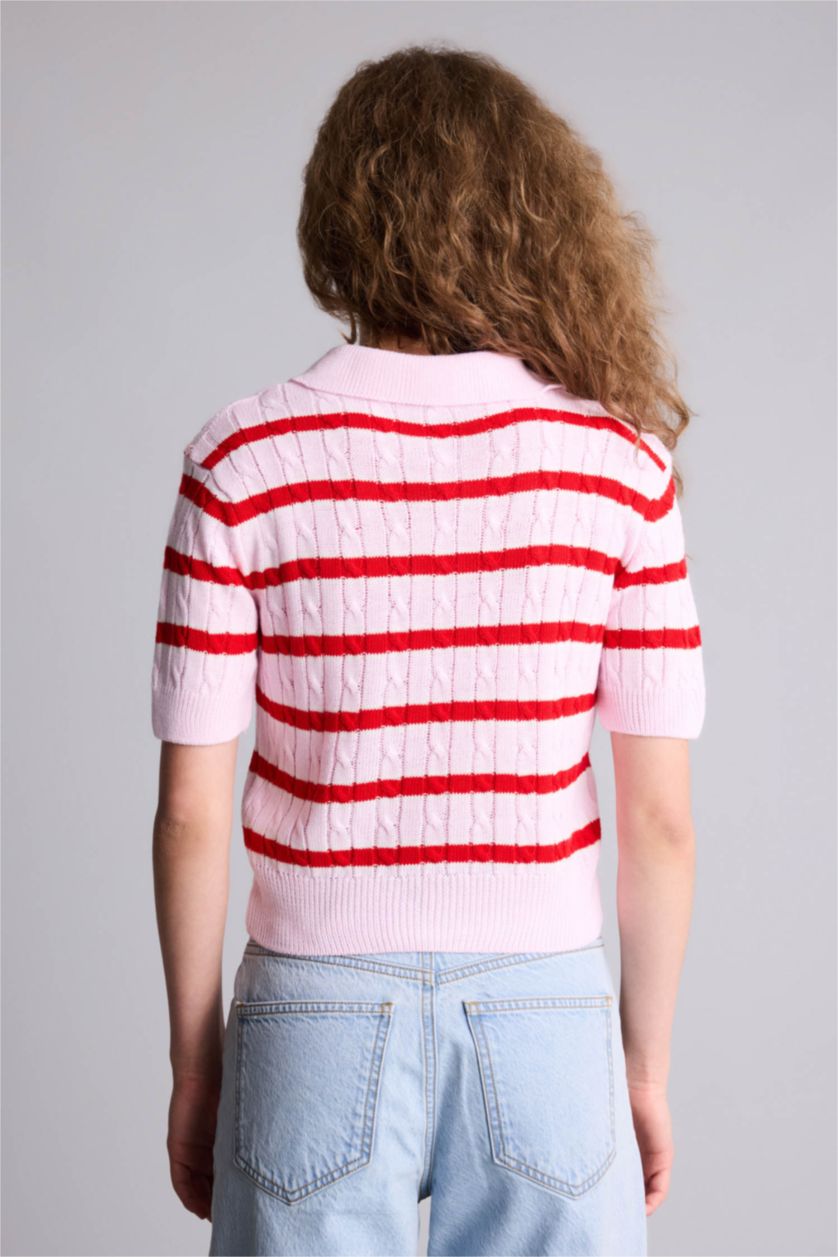 Kadın Pembe Slım Fıt Ayıcıklı Çizgili Kazak