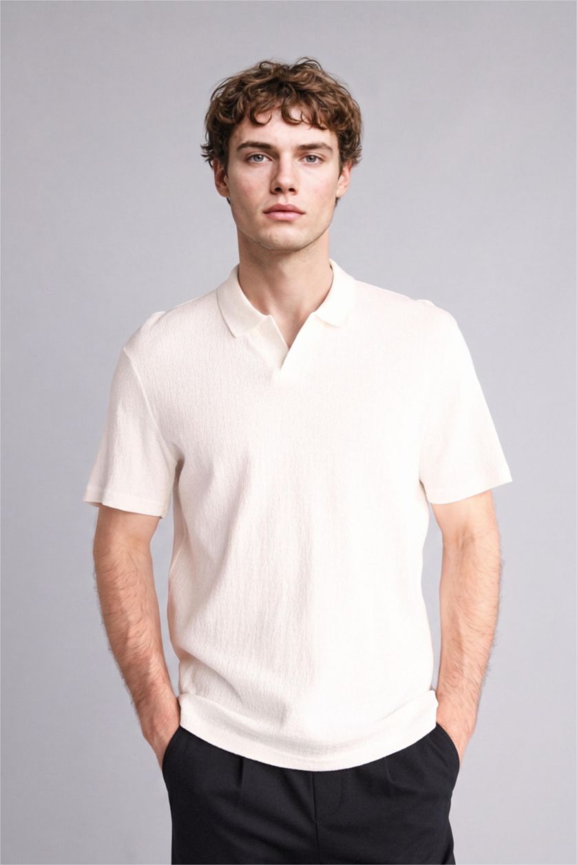 Erkek Ekru Regular Fit Kısa kollu Polo Tişört