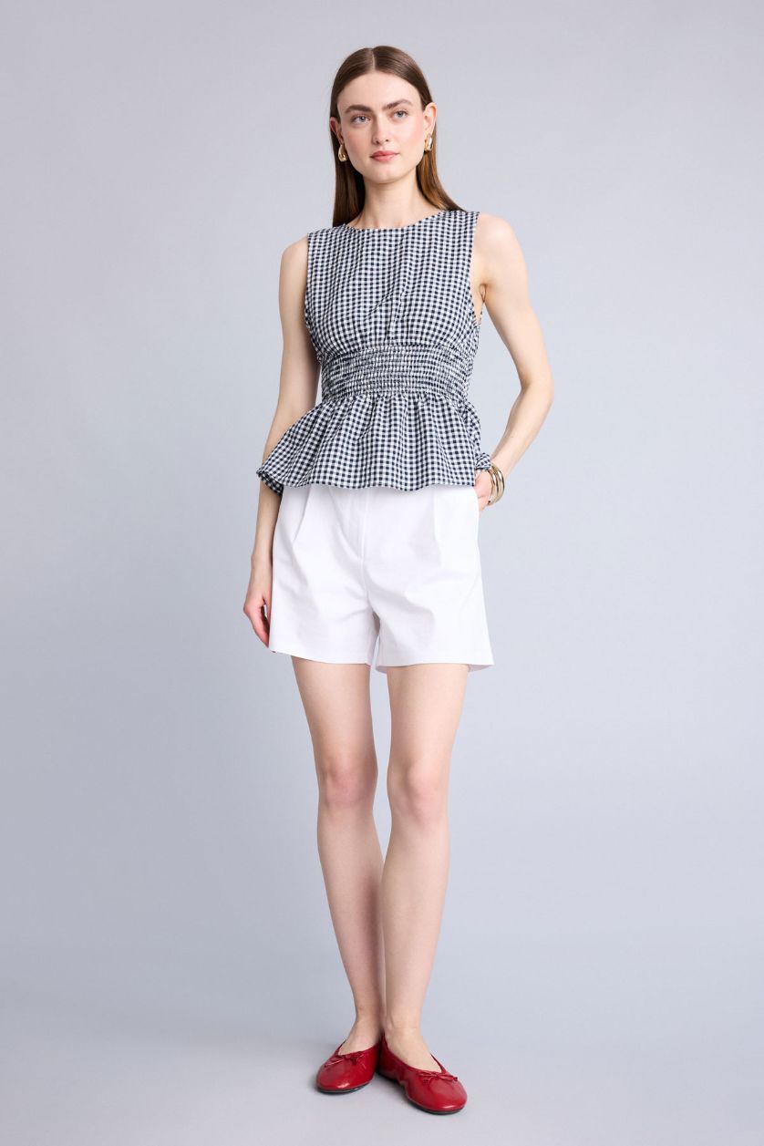 Kadın Lacivert Fitted Kolsuz Kareli Bluz