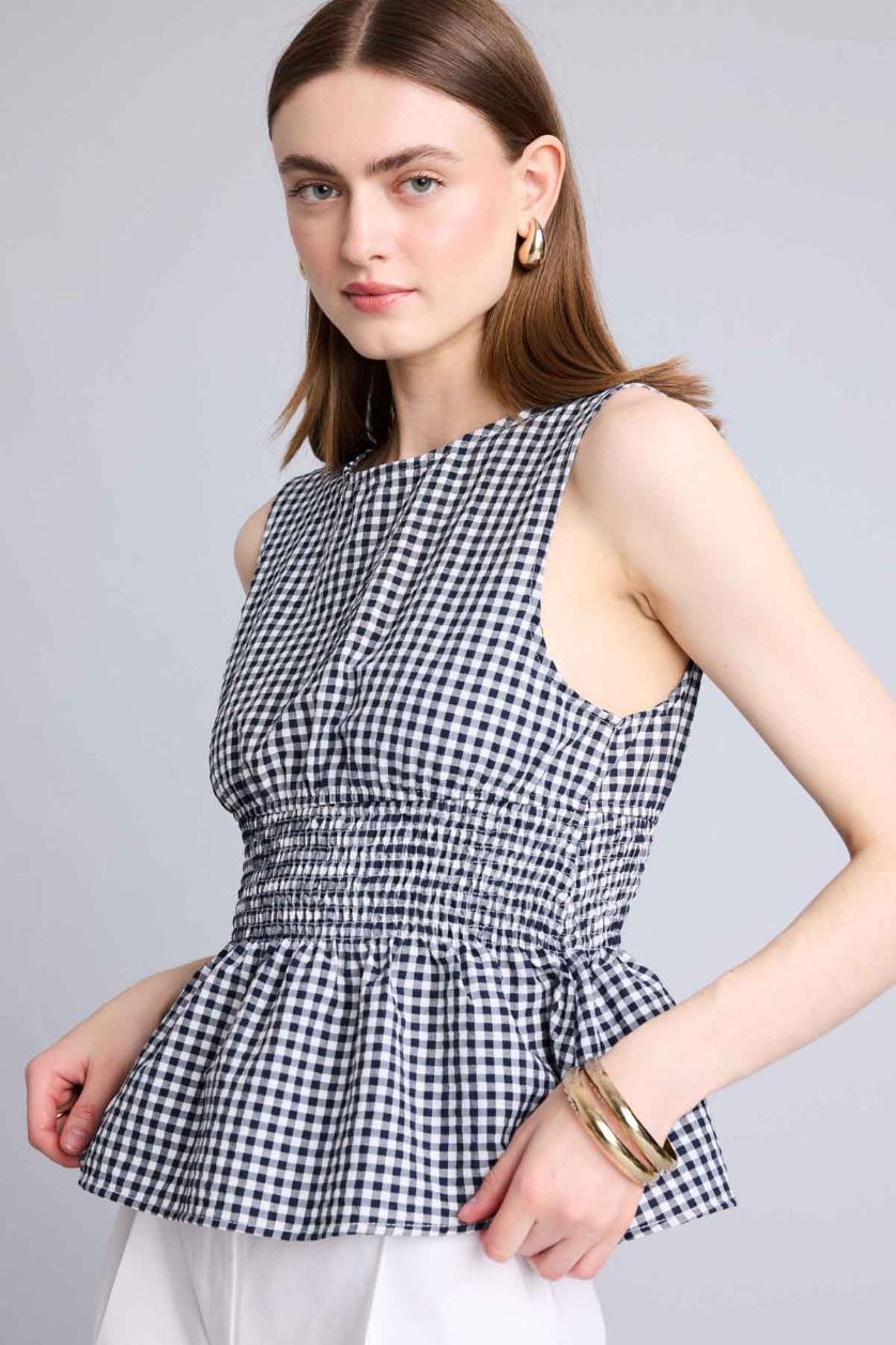 Kadın Lacivert Fitted Kolsuz Kareli Bluz