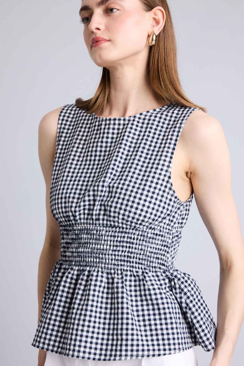 Kadın Lacivert Fitted Kolsuz Kareli Bluz