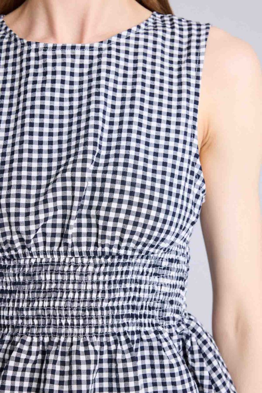 Kadın Lacivert Fitted Kolsuz Kareli Bluz