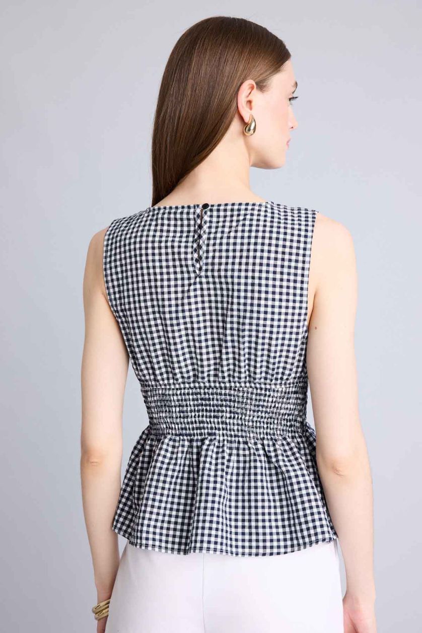 Kadın Lacivert Fitted Kolsuz Kareli Bluz