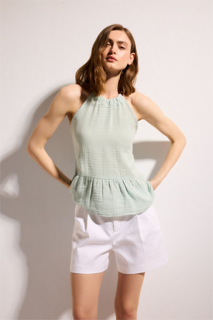 Kadın Mint Regular Fit Halter Yaka Kolsuz Müslin Bluz