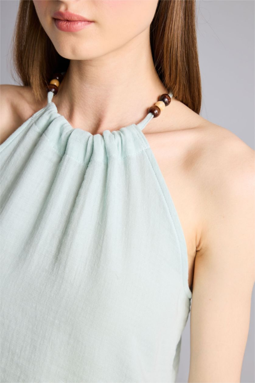 Kadın Mint Regular Fit Halter Yaka Kolsuz Müslin Bluz