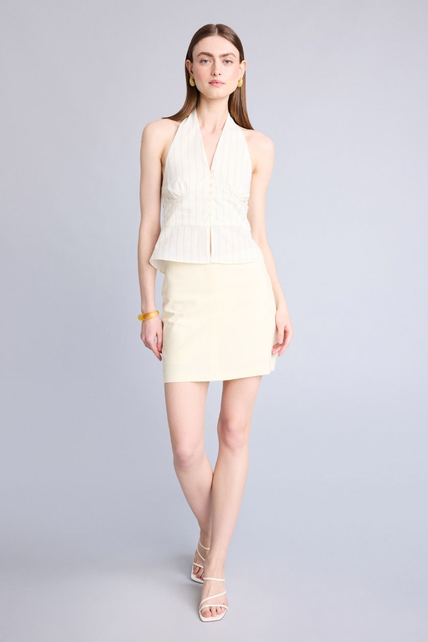 Kadın Açık Sarı Fitted Kolsuz Çizgili Bluz