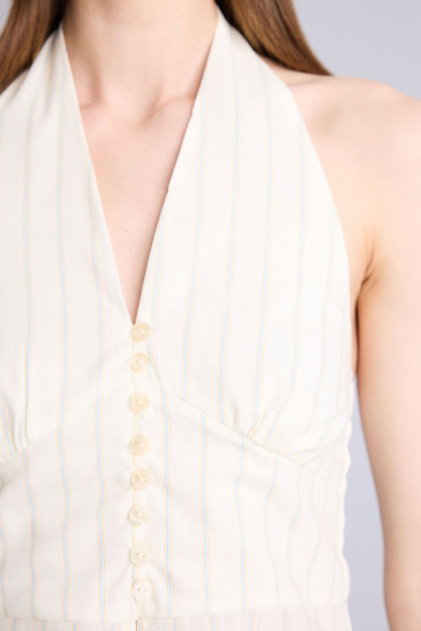 Kadın Açık Sarı Fitted Kolsuz Çizgili Bluz