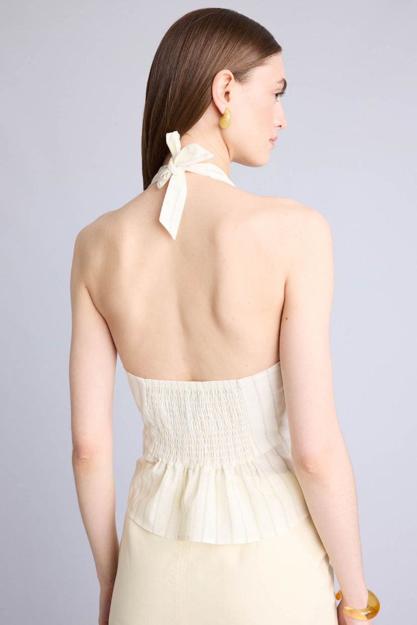 Kadın Açık Sarı Fitted Kolsuz Çizgili Bluz