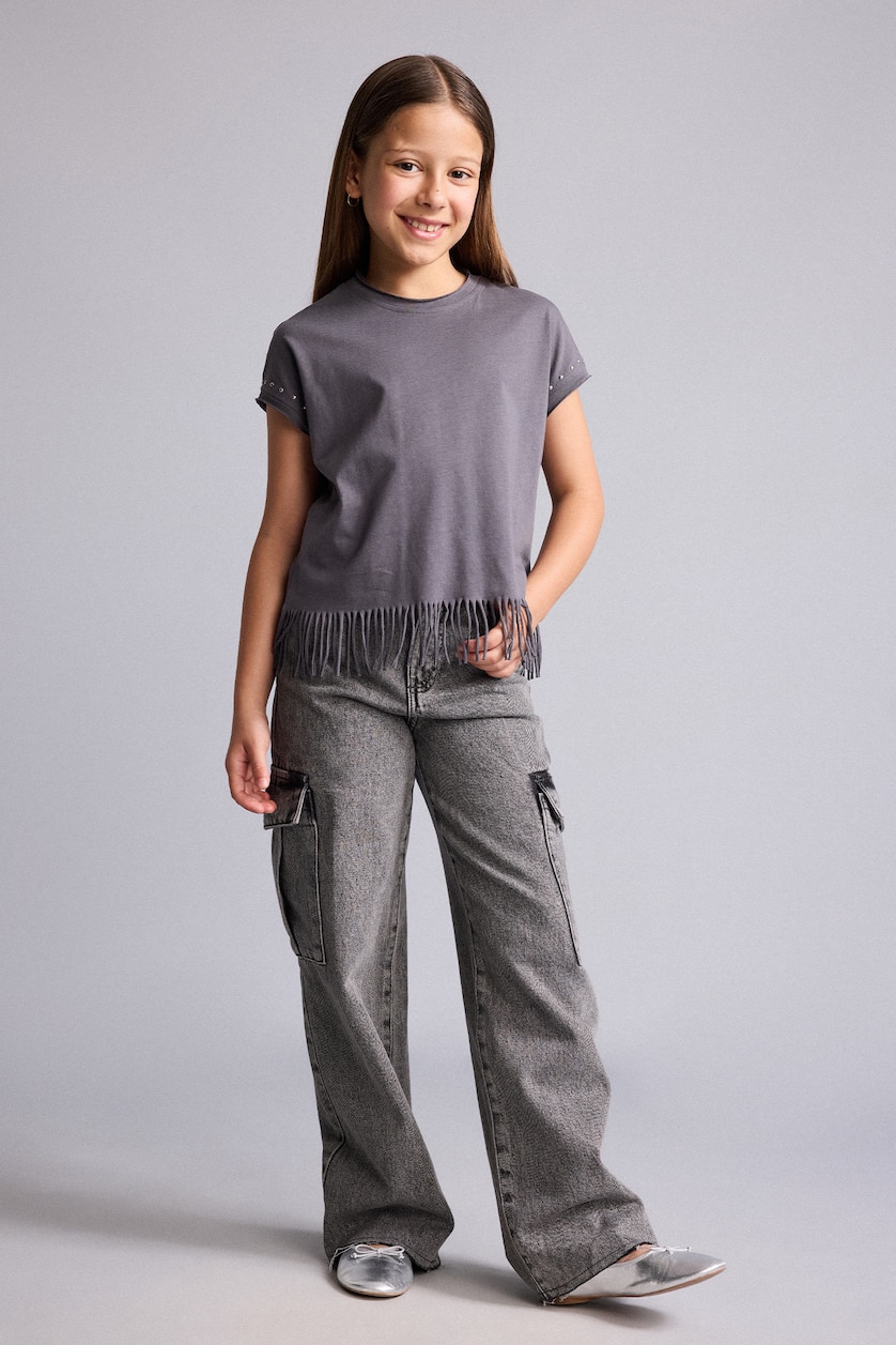 Young Girls - Teen Girls Anthracite Girl Sequined Tassel Cotton Short Sleeve T-Shirt