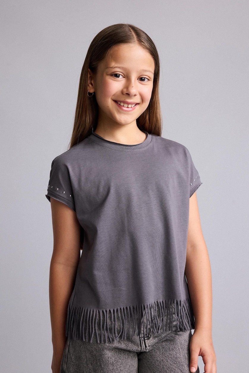 Young Girls - Teen Girls Anthracite Girl Sequined Tassel Cotton Short Sleeve T-Shirt