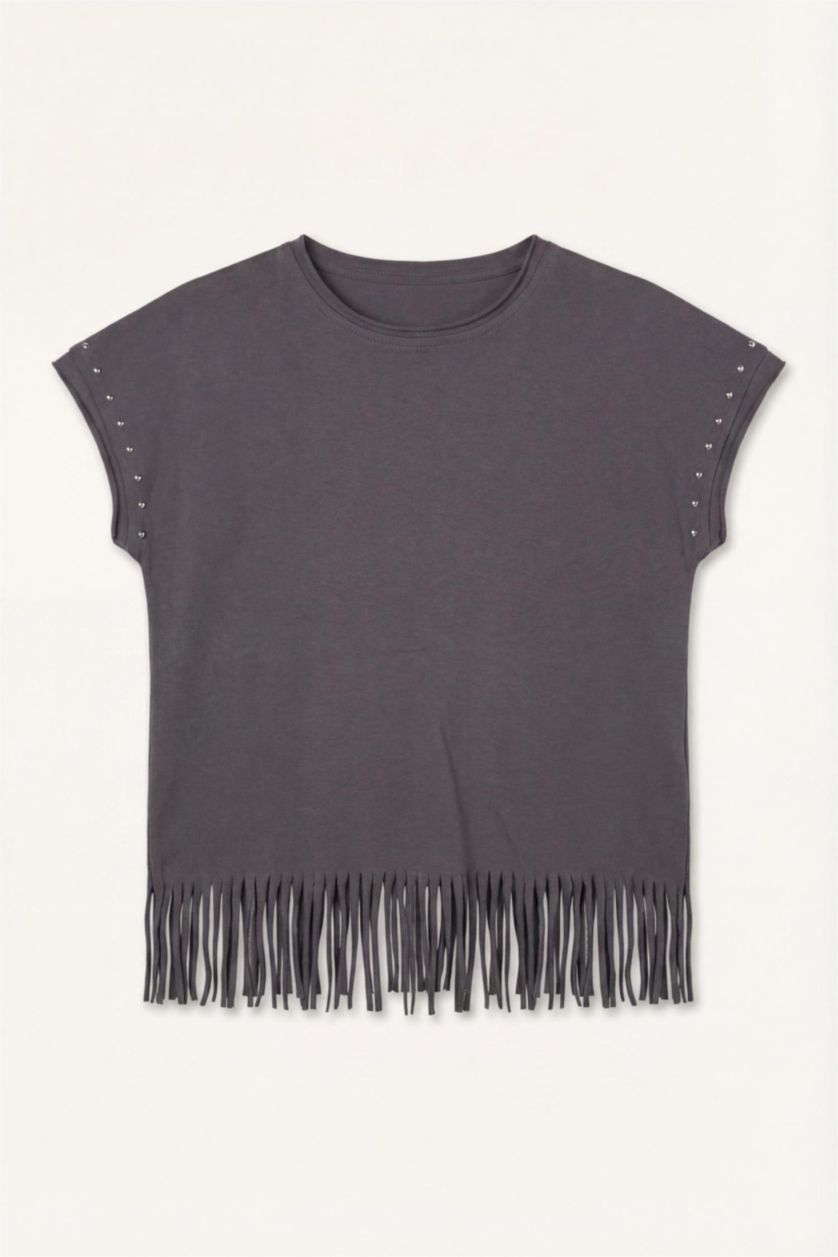 Young Girls - Teen Girls Anthracite Girl Sequined Tassel Cotton Short Sleeve T-Shirt