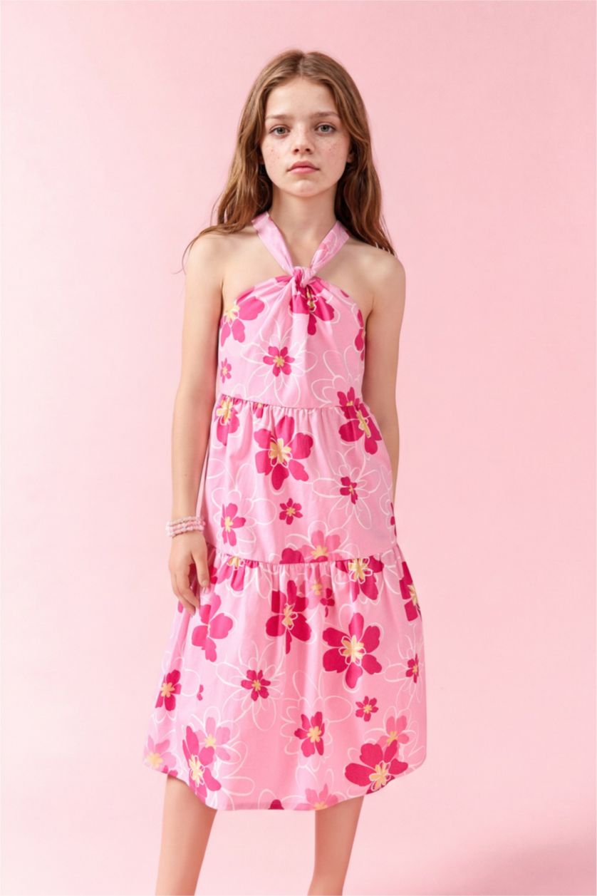 FILLES Rose Robe en coton à bretelles imprimée fleurs pour fille