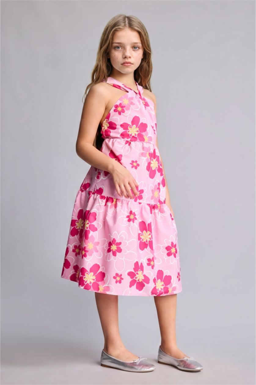 FILLES Rose Robe en coton à bretelles imprimée fleurs pour fille