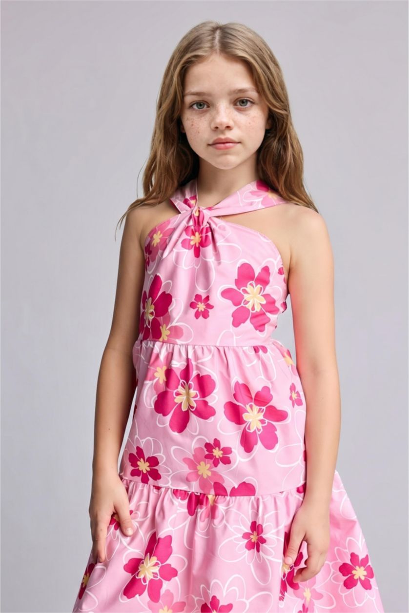 FILLES Rose Robe en coton à bretelles imprimée fleurs pour fille