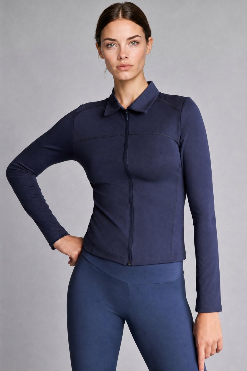 Kadın İndigo Fermuarlı Slim Fit Hırka