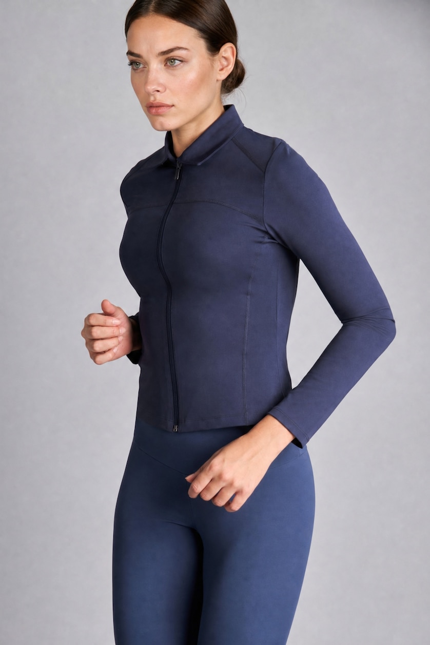 Kadın İndigo Fermuarlı Slim Fit Hırka