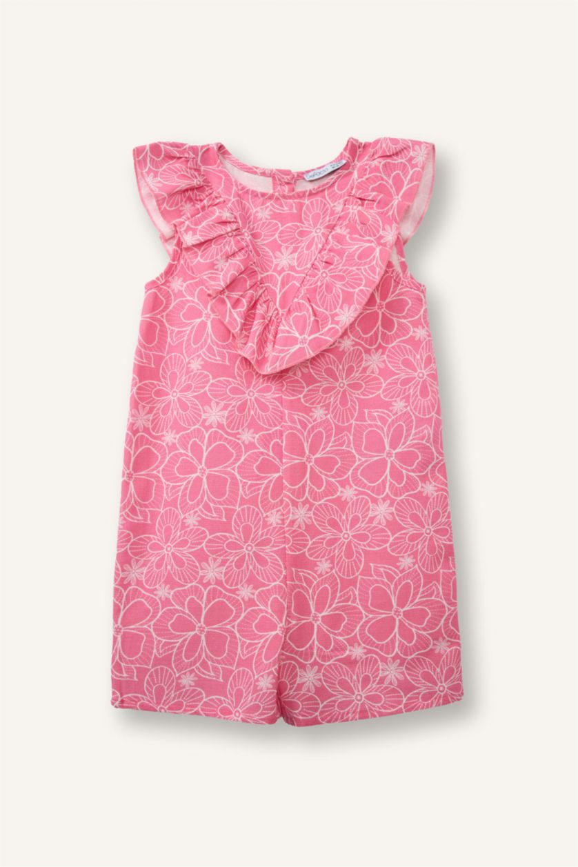 Kız Bebek Pembe Çiçekli Keten Tulum Kız Bebek