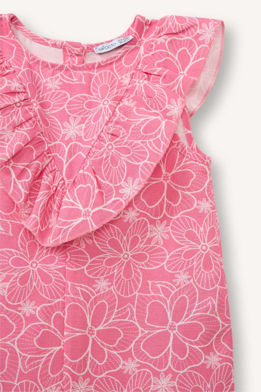 Kız Bebek Pembe Çiçekli Keten Tulum Kız Bebek