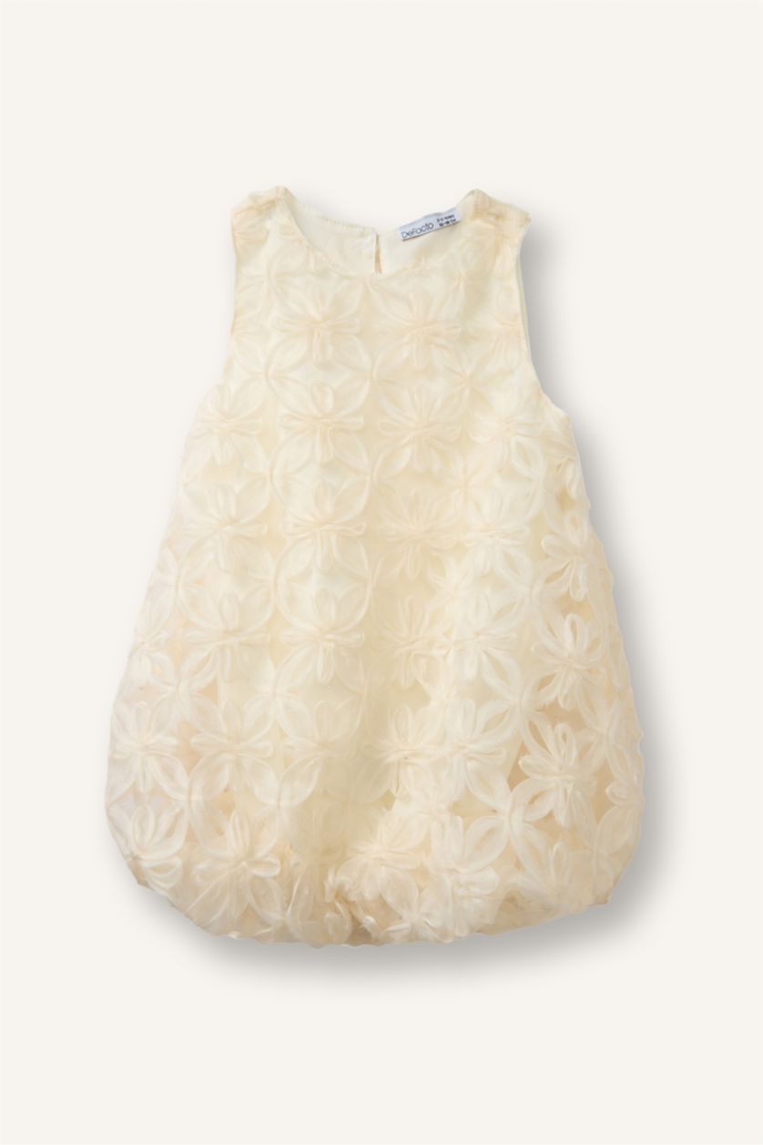 Kız Bebek Ekru Çiçekli Kolsuz Dantel Elbise Kız Bebek