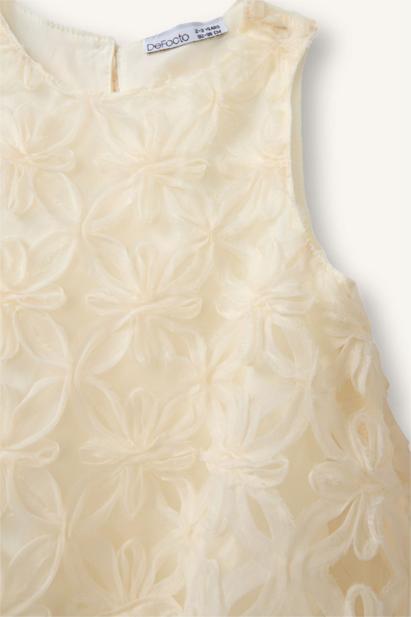 Kız Bebek Ekru Çiçekli Kolsuz Dantel Elbise Kız Bebek